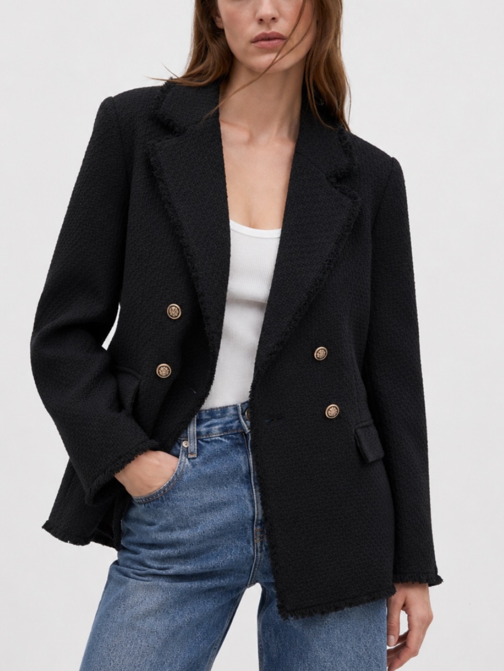 Mango Black Tweed Frayed Trim Double Breasted Boyfriend Blazer